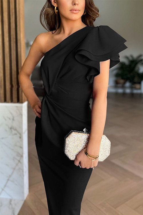 Caz | Off-Shoulder Ruffle Sleeve Slit Midi Dress