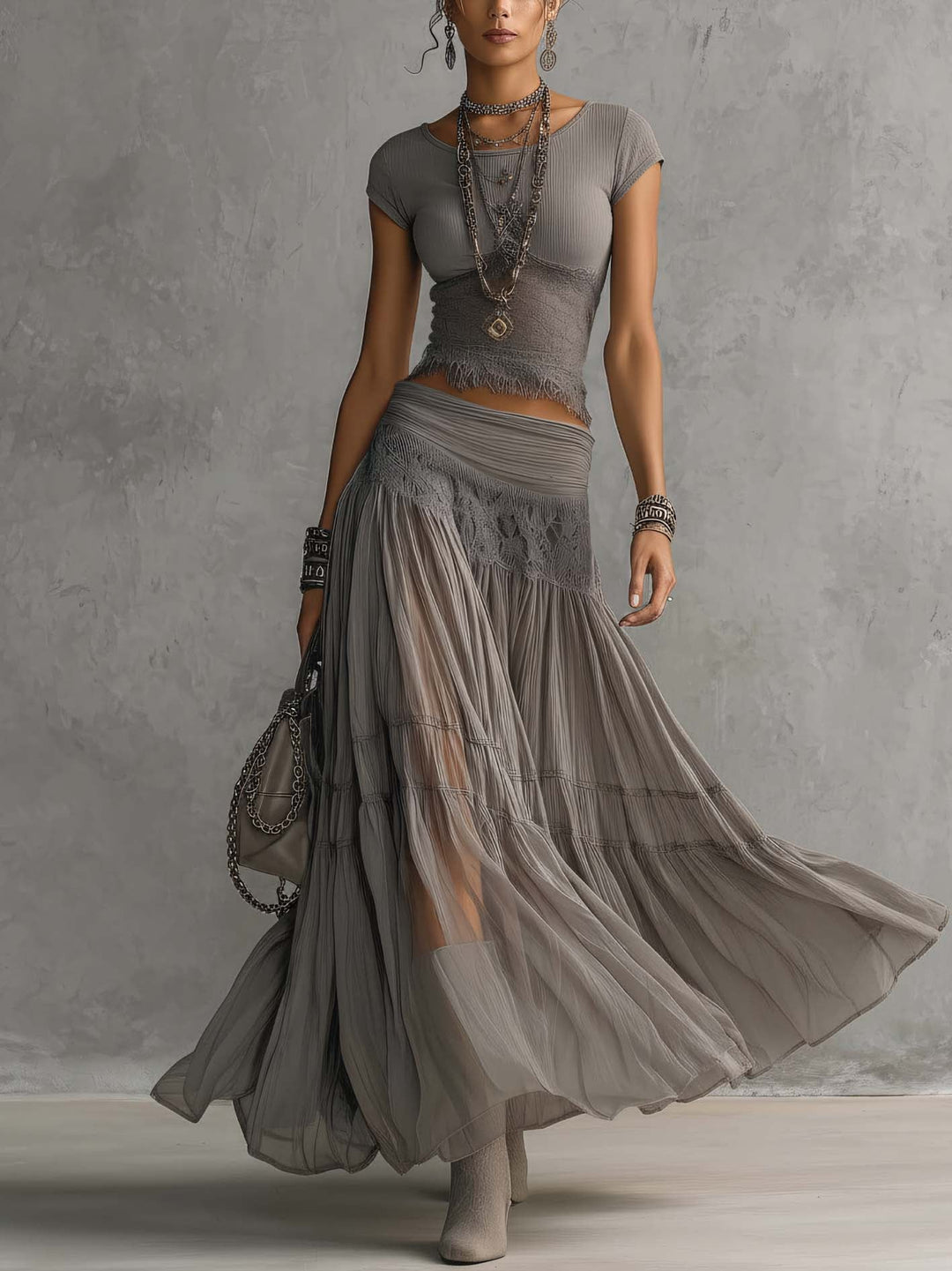 Alba - Complete with grey lace panel top and long pleated skirt