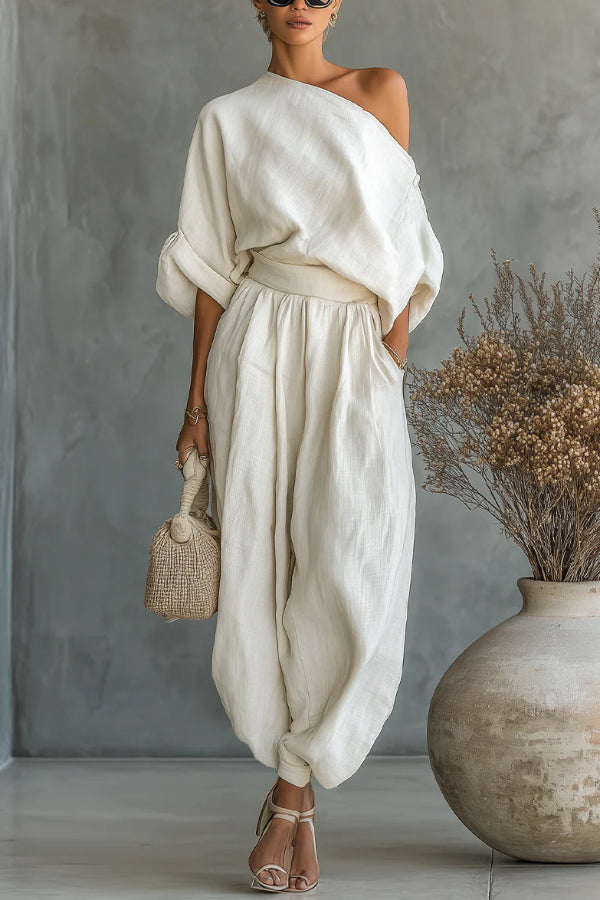 Solid Colour Off-Shoulder Loose Top and Elastic Waist Casual Pocket Wide-Leg Trousers Set