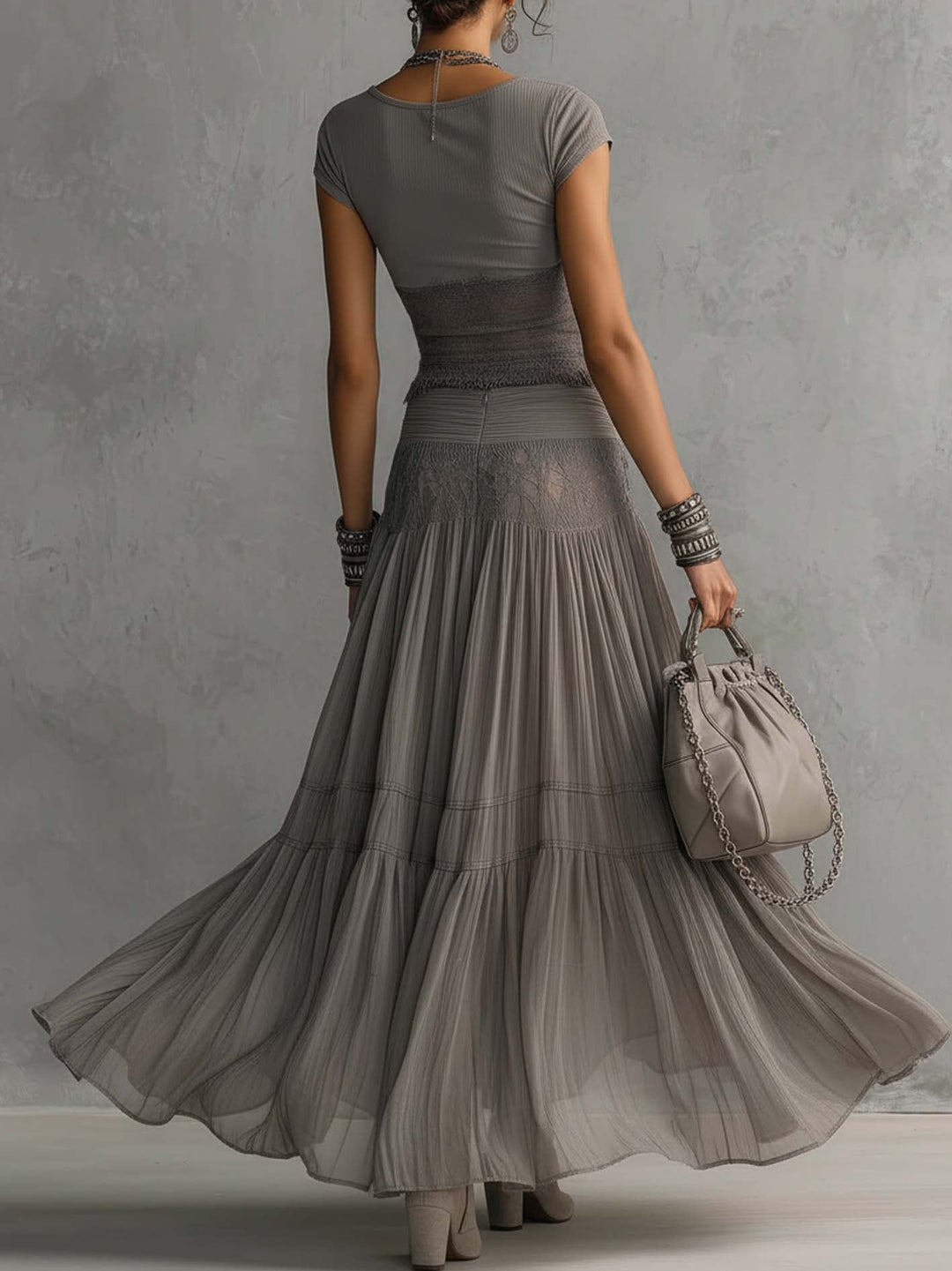 Alba - Complete with grey lace panel top and long pleated skirt