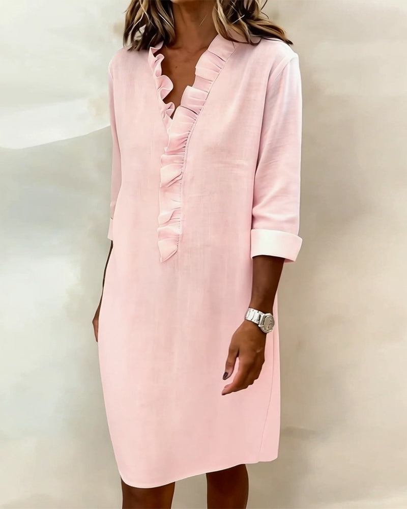 Plain V-Neck Ruffled Dress