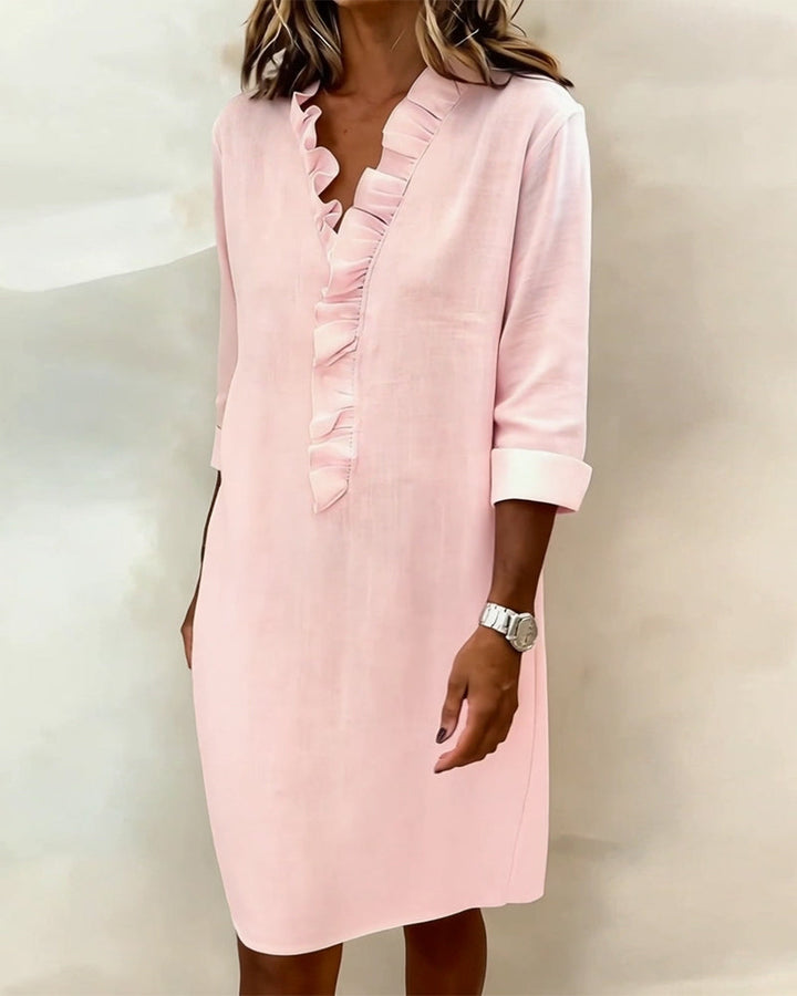 Plain V-Neck Ruffled Dress