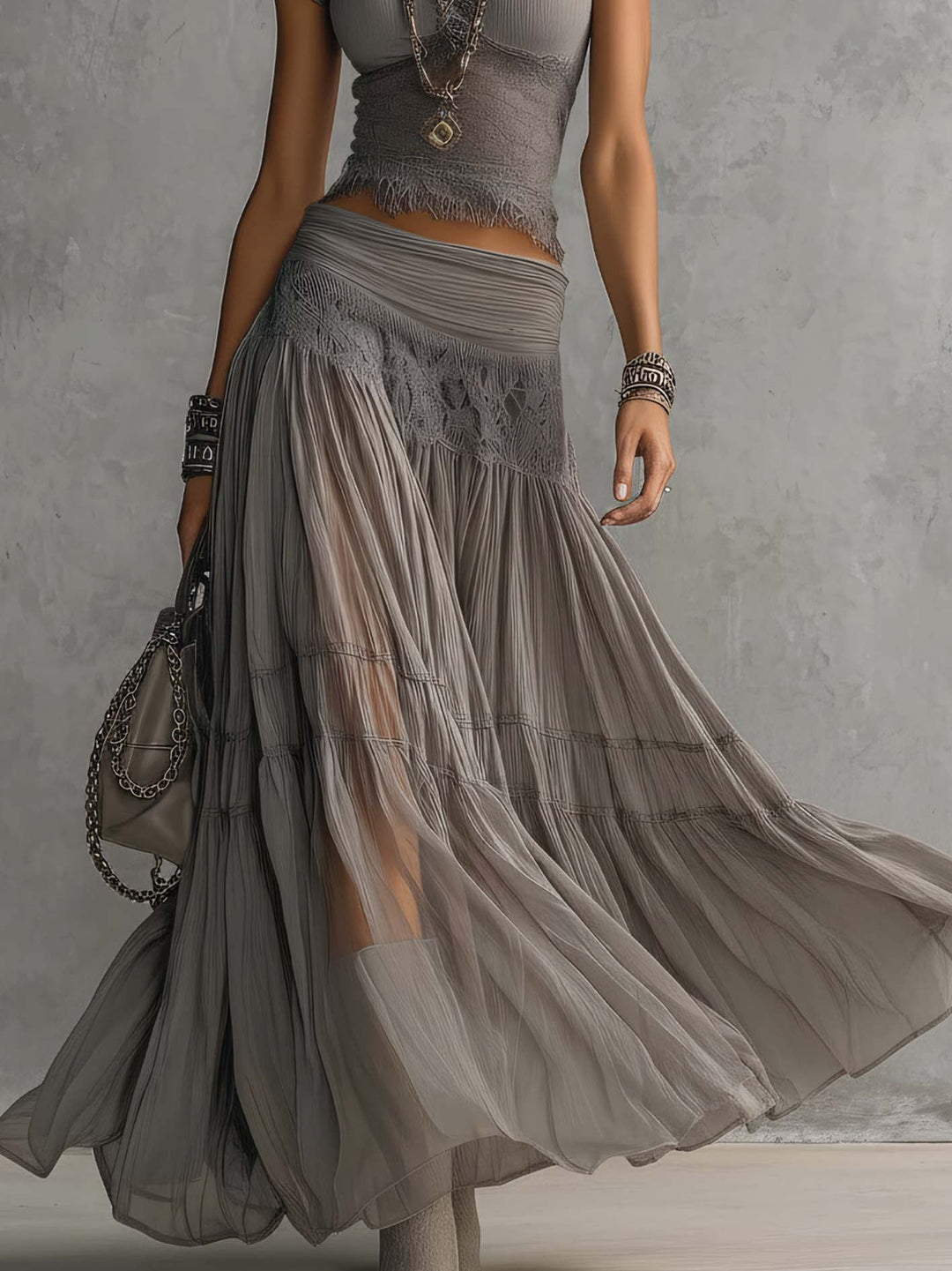 Alba - Complete with grey lace panel top and long pleated skirt