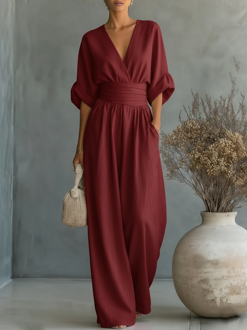 Elegant V-neck jumpsuit, high-waisted and loose-fitting