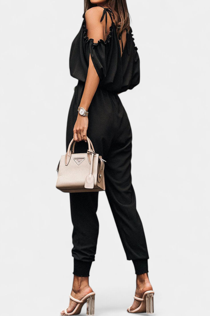Solene Casual Dungarees with Exposed Shoulders and Elastic Waist