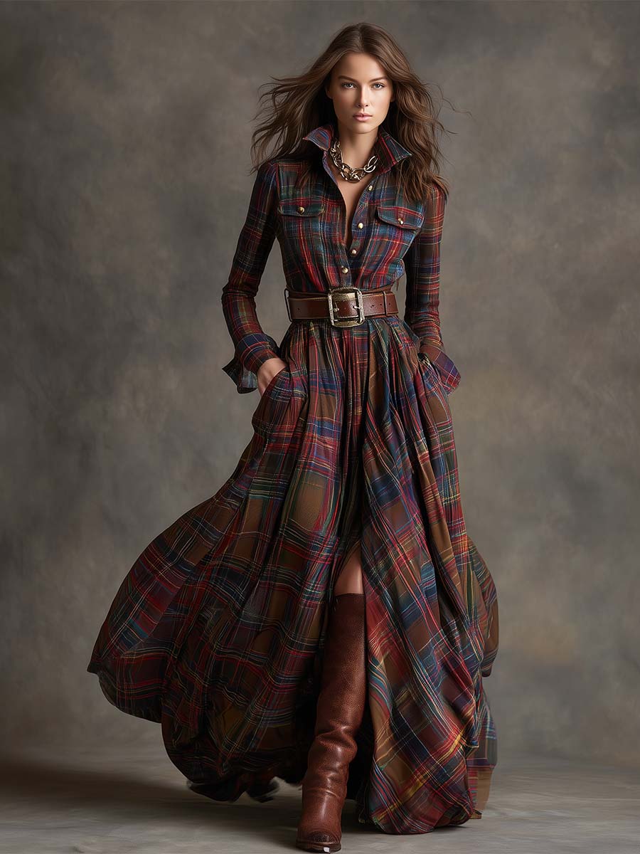 SIENNA – ELEGANT PLAID MAXI SHIRT DRESS