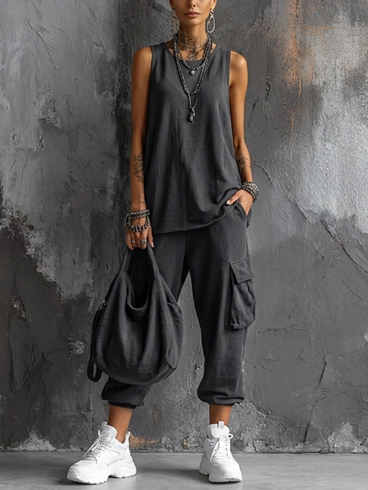 Dark Grey Cotton Sleeveless Top Set + Casual Style Women's Cargo Jogger Trousers
