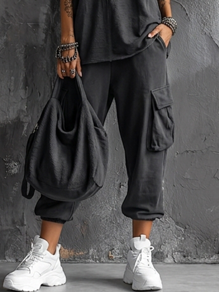 Dark Grey Cotton Sleeveless Top Set + Casual Style Women's Cargo Jogger Trousers