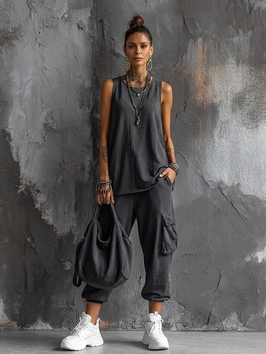 Dark Grey Cotton Sleeveless Top Set + Casual Style Women's Cargo Jogger Trousers