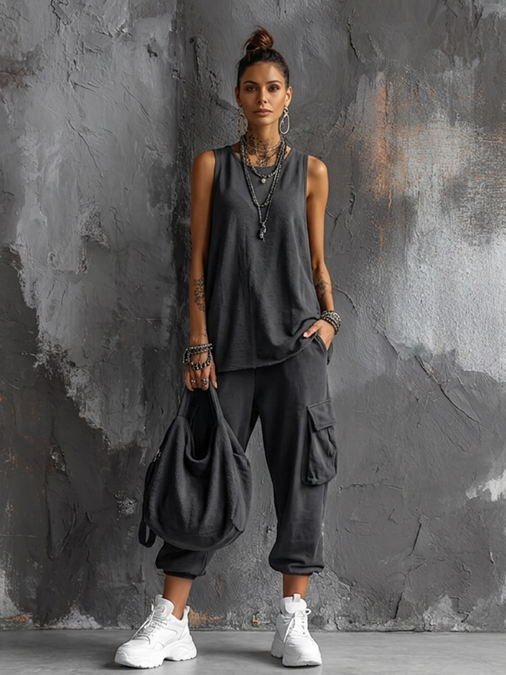 Dark Grey Cotton Sleeveless Top Set + Casual Style Women's Cargo Jogger Trousers