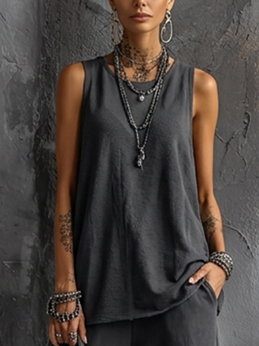 Dark Grey Cotton Sleeveless Top Set + Casual Style Women's Cargo Jogger Trousers