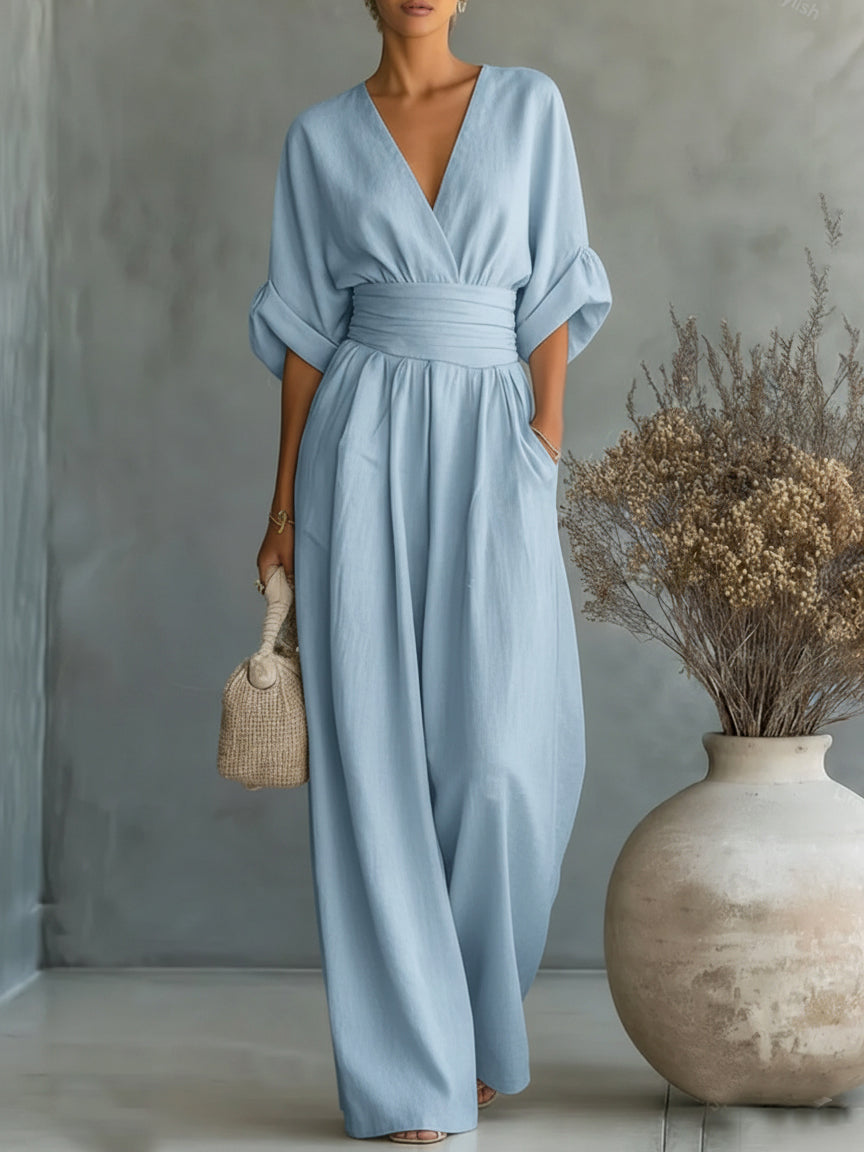 Elegant V-neck jumpsuit, high-waisted and loose-fitting