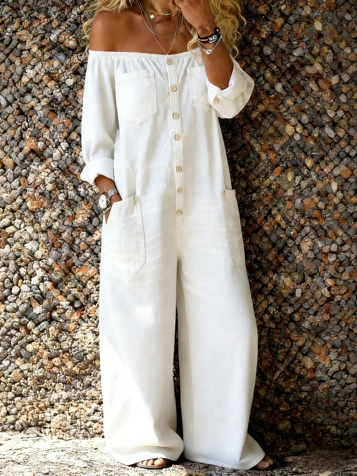Noa | Denim Dungarees with Off-Shoulder Neckline