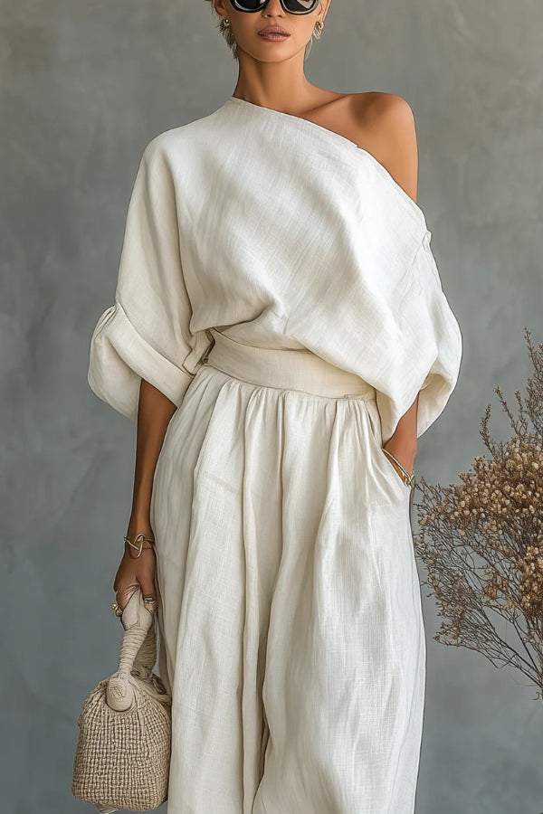 Solid Colour Off-Shoulder Loose Top and Elastic Waist Casual Pocket Wide-Leg Trousers Set