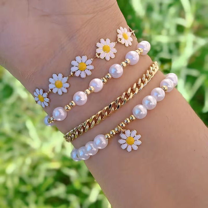 Saskia™ | Pearl Daisy Stacking Bracelet Set of 4