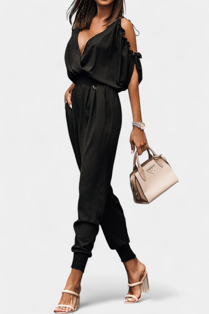 Solene Casual Dungarees with Exposed Shoulders and Elastic Waist