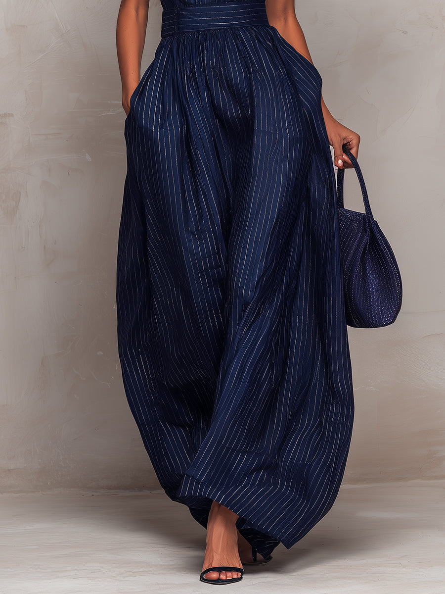 Dark Blue Striped Keyhole Neck Jumpsuit with Wide Leg Trousers