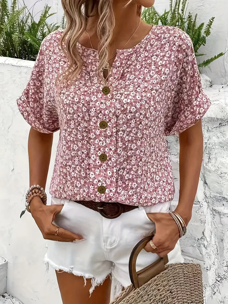 Cindy™ | Floral Print Notched Collar Blouse