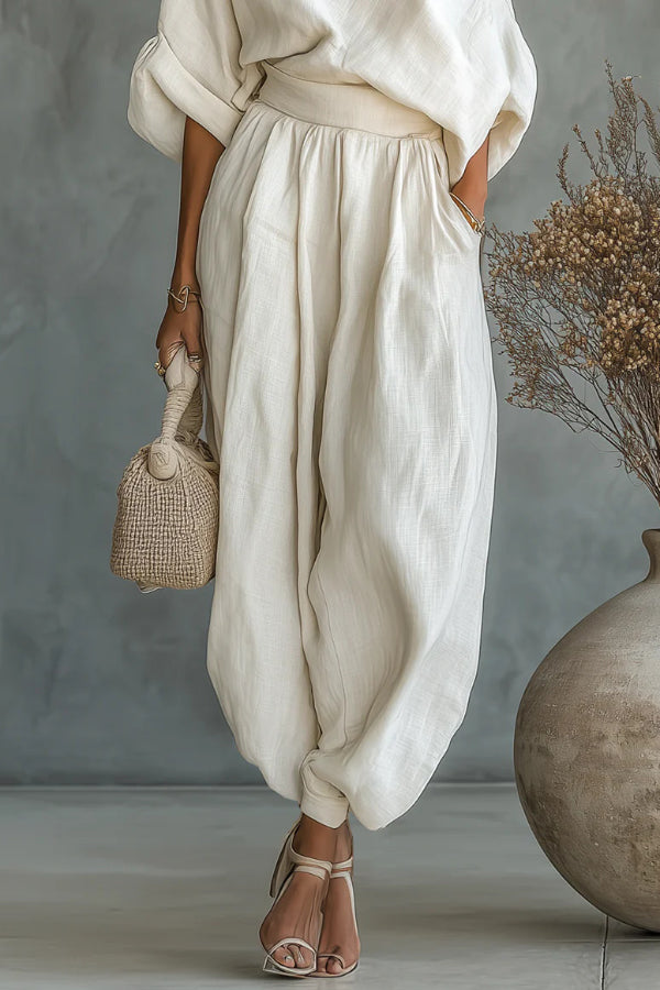 Solid Colour Off-Shoulder Loose Top and Elastic Waist Casual Pocket Wide-Leg Trousers Set