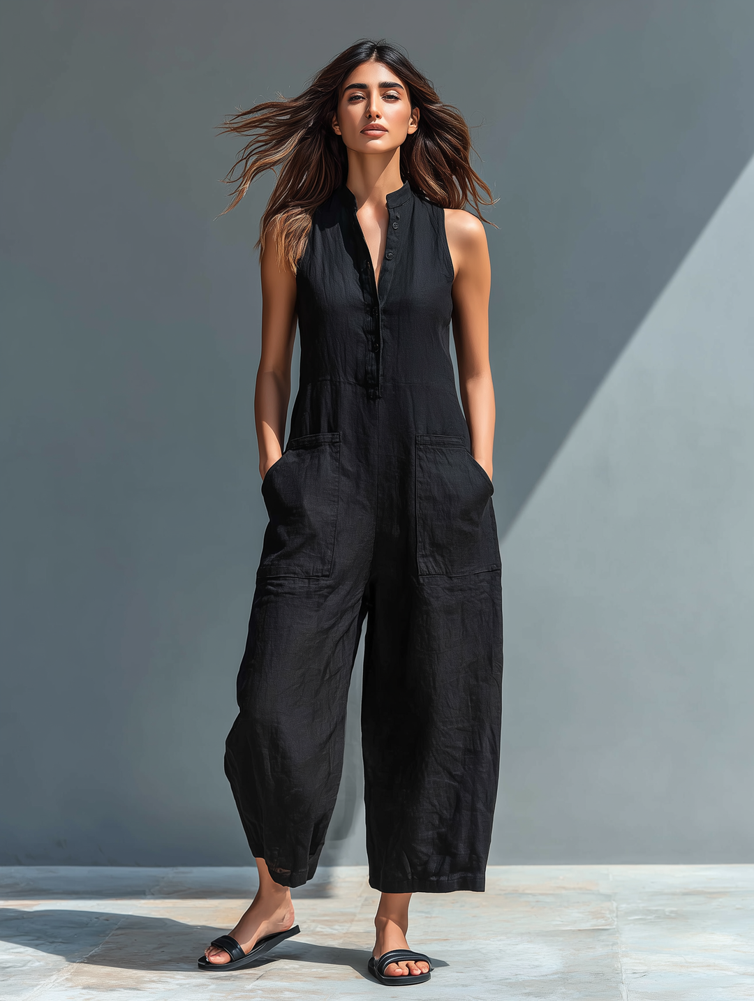 Claudia | Minimalist Linen Jumpsuit for Women, Sleeveless, High Neck and Buttons