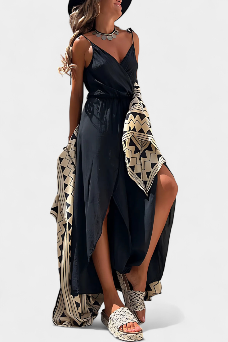 Donatila Cotton Washed Jumpsuit with Side Openings and Crossed Neckline