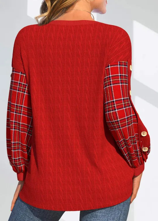 Keira™ | Check-Sleeve Red Knit