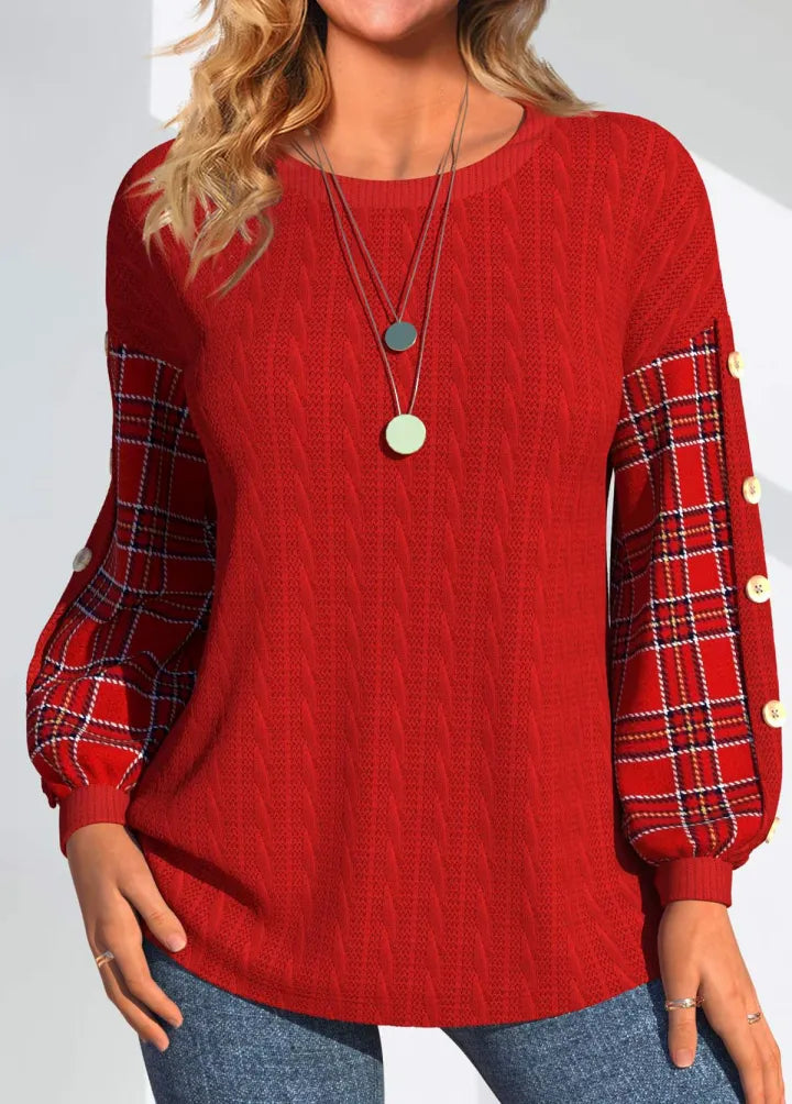 Keira™ | Check-Sleeve Red Knit