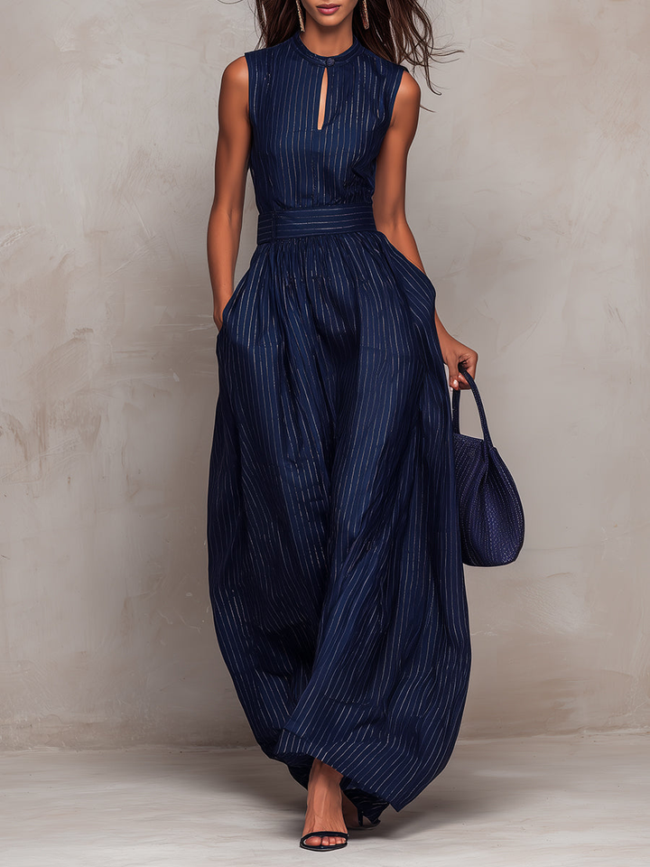Dark Blue Striped Keyhole Neck Jumpsuit with Wide Leg Trousers