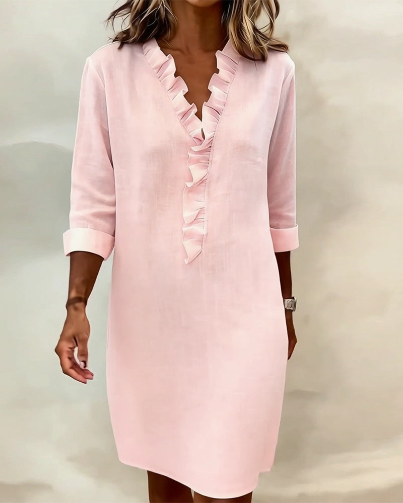 Plain V-Neck Ruffled Dress