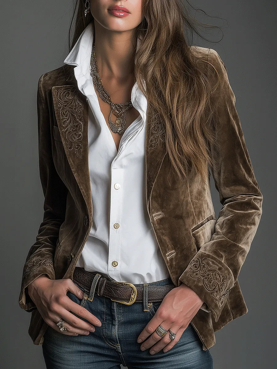 Vintage taupe velvet blazer with embroidery