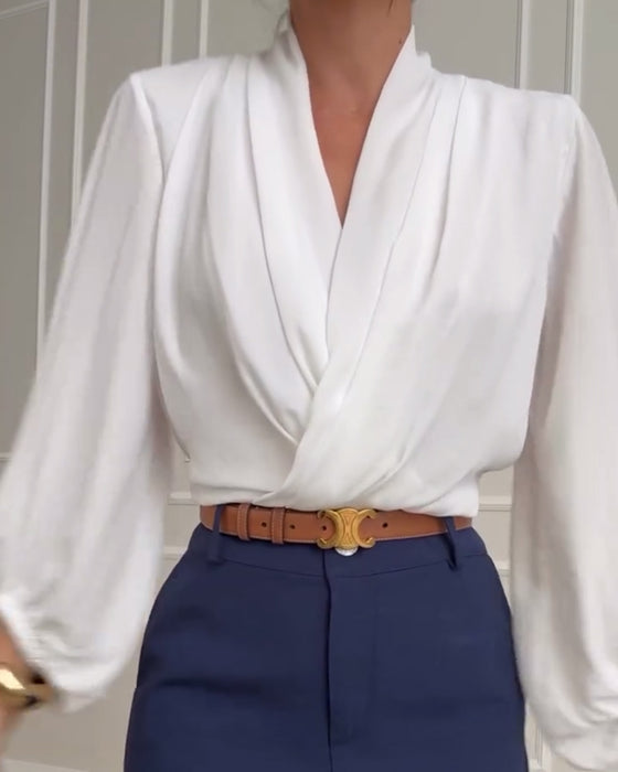 Solid Colour V-Neck Lantern Sleeve Blouse