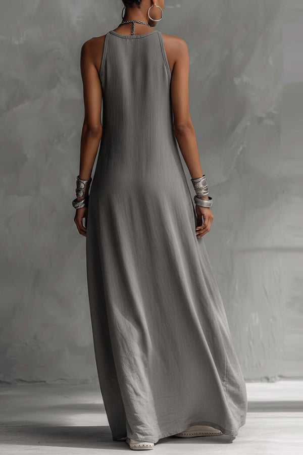 Stylish Colour-blocked Round Neck Sleeveless Casual Pocket Loose Maxi Dress