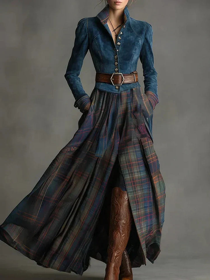 Maxi dress in retro style with a blue checkered pattern (includes a belt)