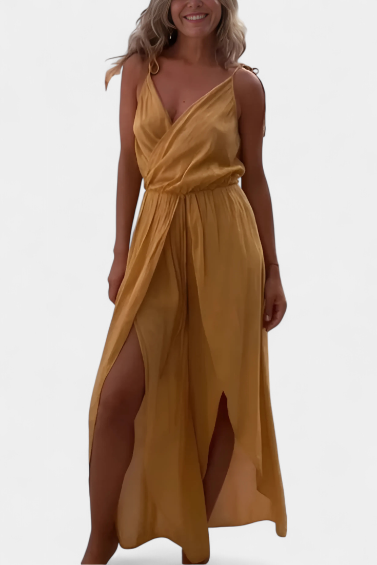 Donatila Cotton Washed Jumpsuit with Side Openings and Crossed Neckline