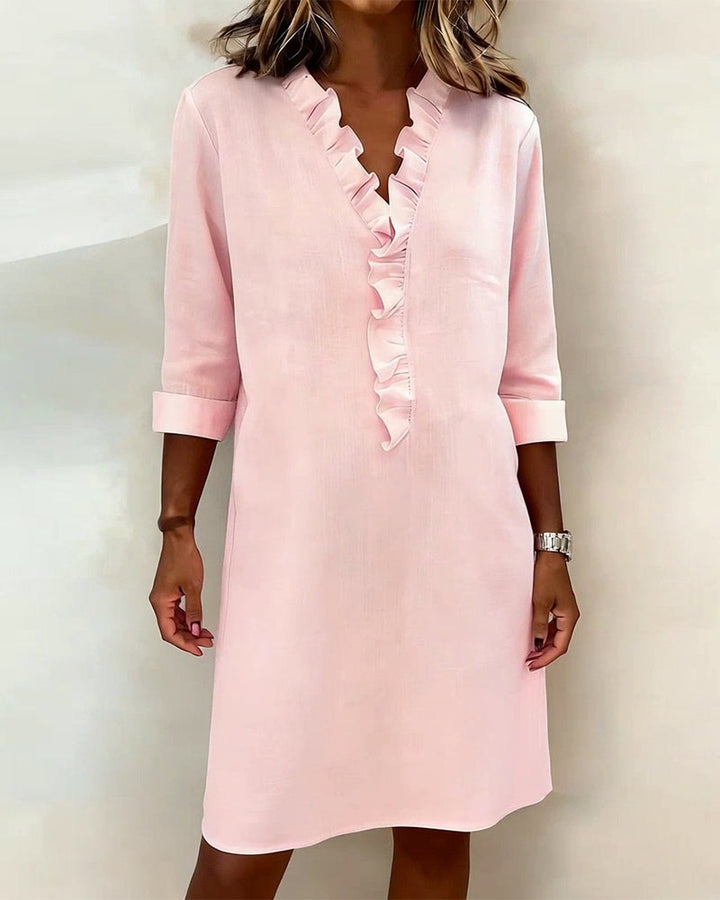 Plain V-Neck Ruffled Dress