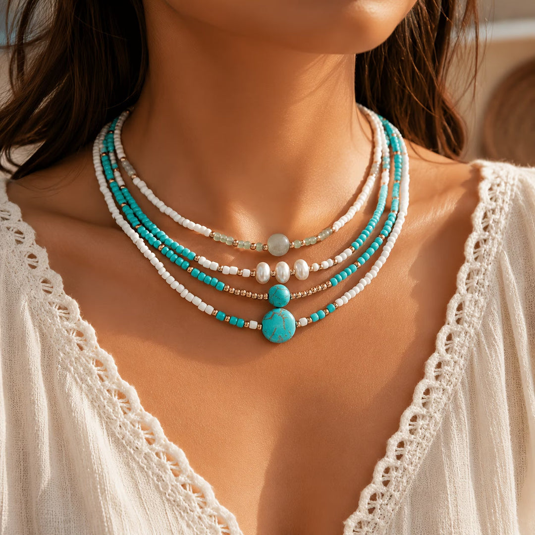 Colette™ | Bohemian Pearl and Turquoise Beaded Bracelet Set