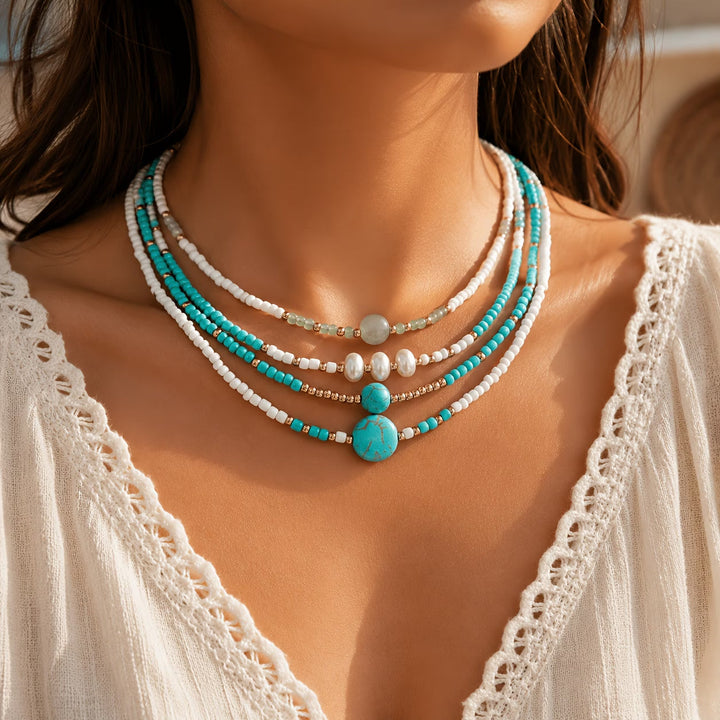 Colette™ | Bohemian Pearl and Turquoise Beaded Bracelet Set