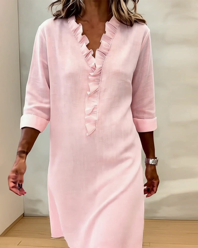 Plain V-Neck Ruffled Dress