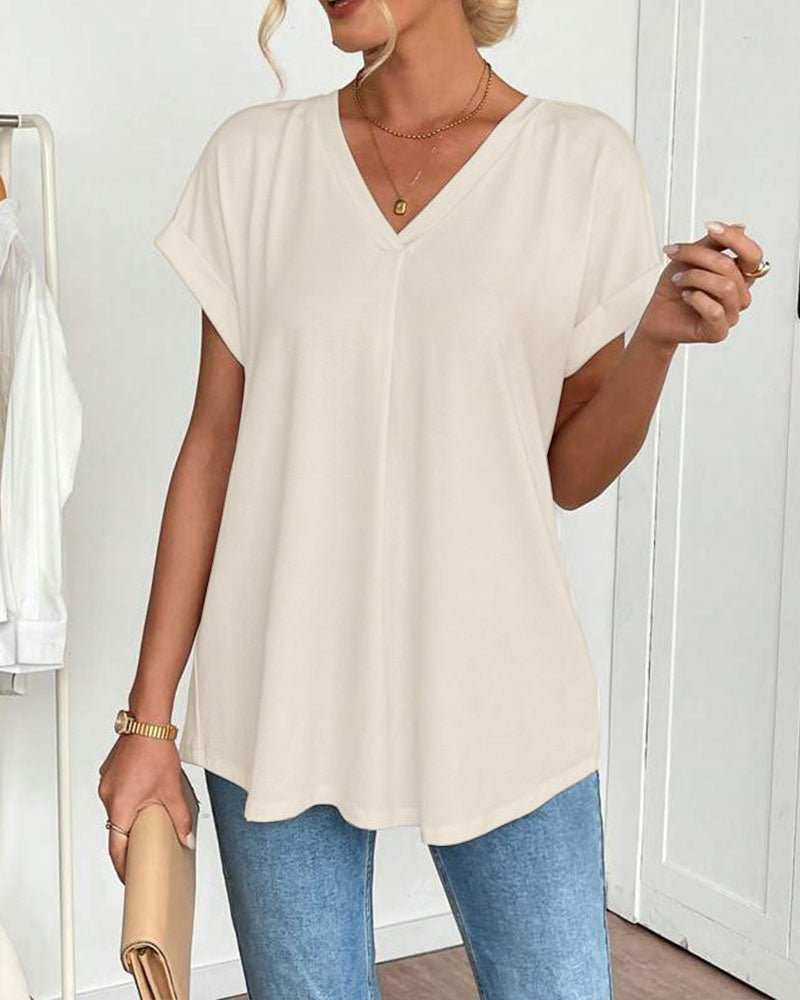 Short Sleeve Solid Colour Patchwork Tee