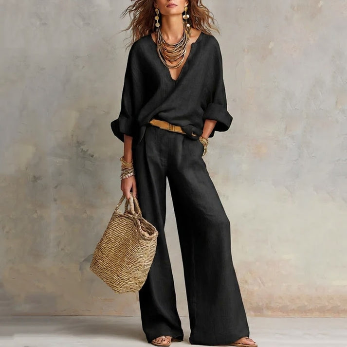 Ilaina | V-Neck Top & Wide-Leg Trousers Set