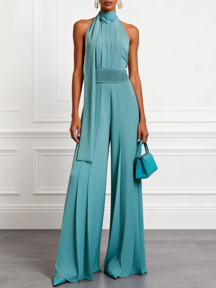Sleeveless Halter Neck Pleated Jumpsuit in Blue