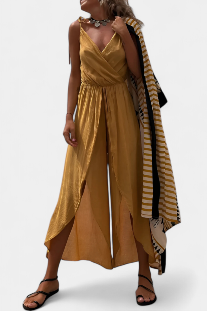 Donatila Cotton Washed Jumpsuit with Side Openings and Crossed Neckline