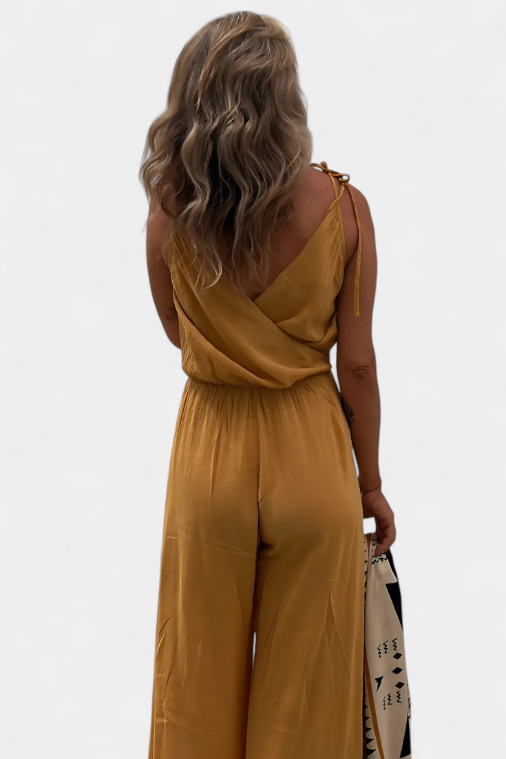 Donatila Cotton Washed Jumpsuit with Side Openings and Crossed Neckline