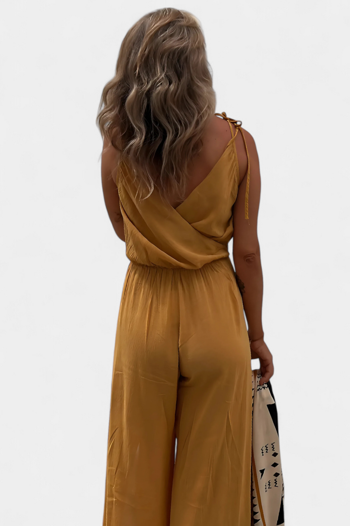 Donatila Cotton Washed Jumpsuit with Side Openings and Crossed Neckline