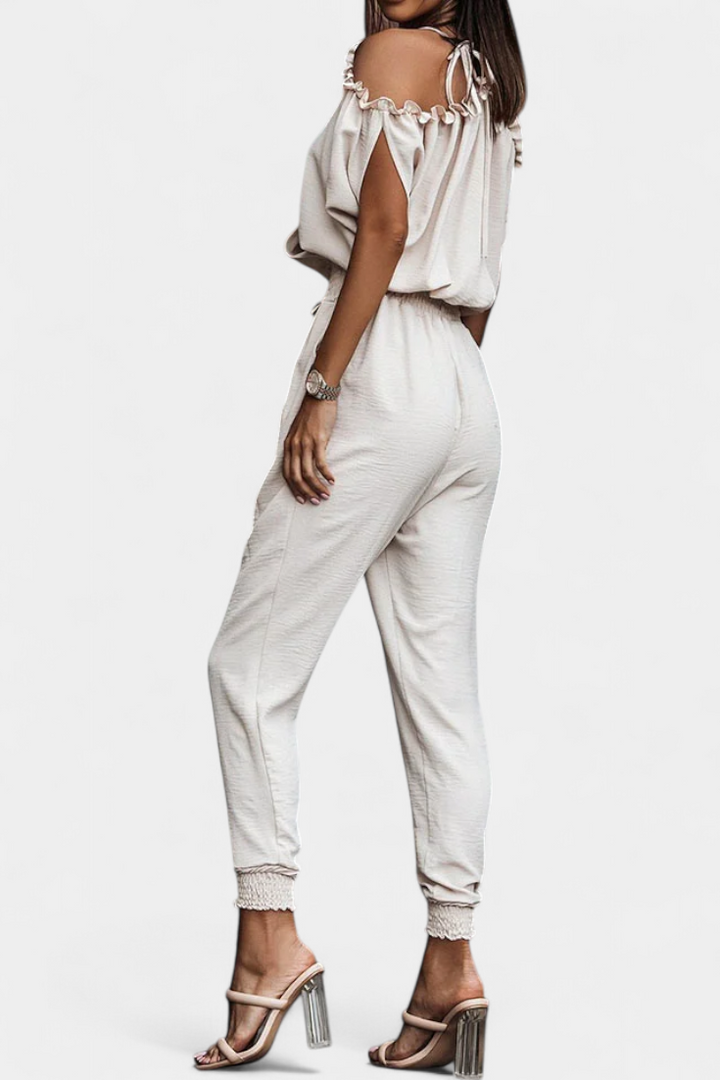 Solene Casual Dungarees with Exposed Shoulders and Elastic Waist