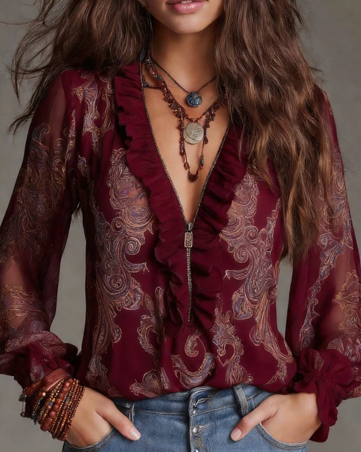 Sabine | Retro Ruffle Half-Zip Blouse