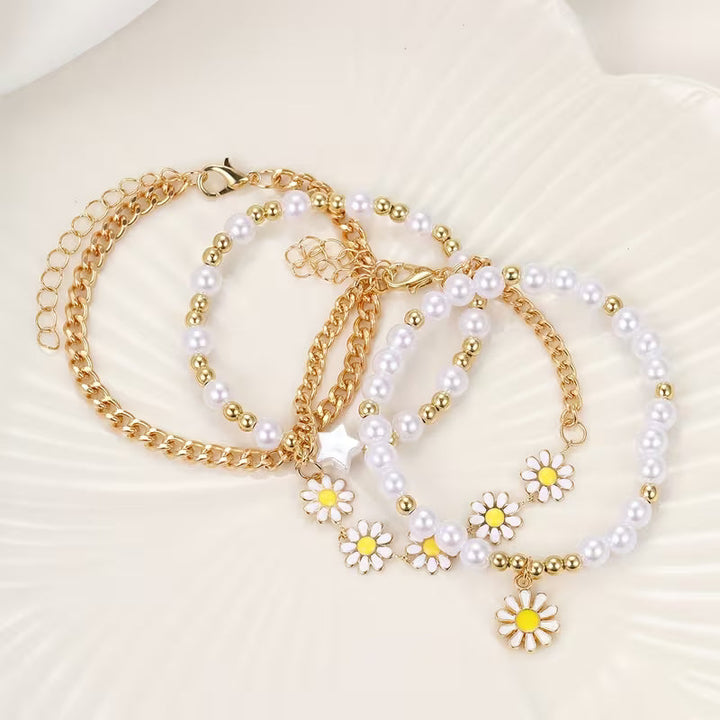 Saskia™ | Pearl Daisy Stacking Bracelet Set of 4