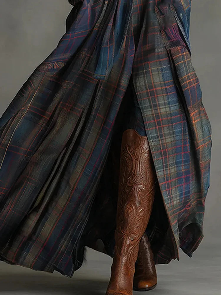 Maxi dress in retro style with a blue checkered pattern (includes a belt)