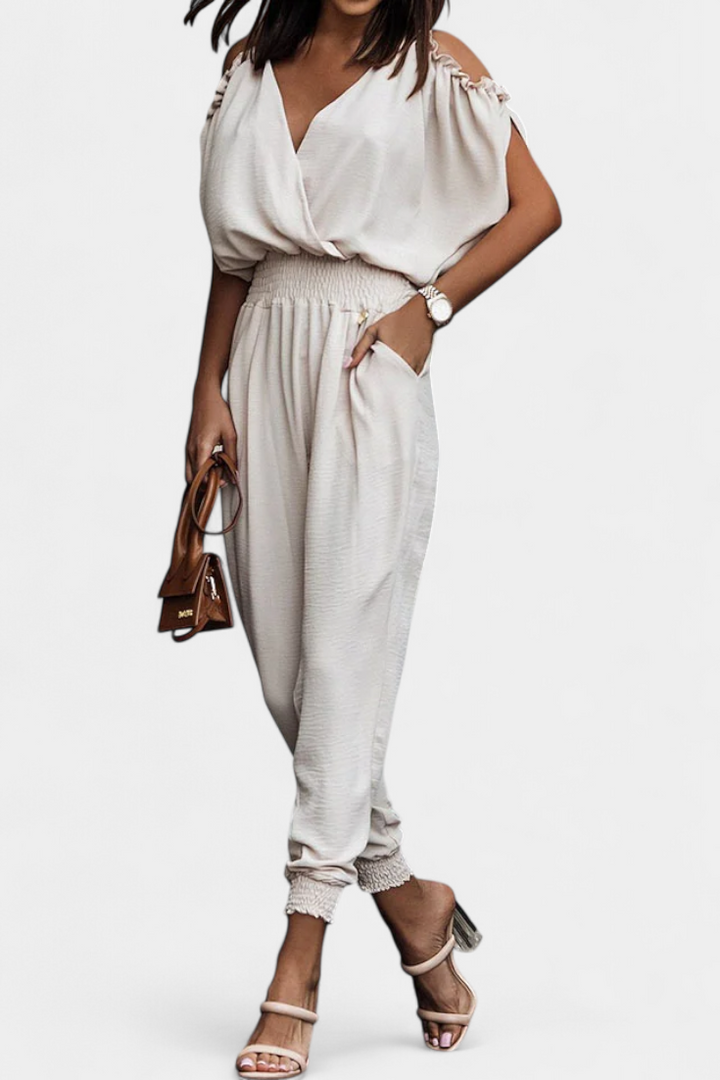 Solene Casual Dungarees with Exposed Shoulders and Elastic Waist