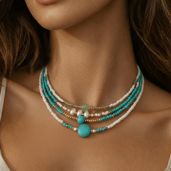 Colette™ | Bohemian Pearl and Turquoise Beaded Bracelet Set